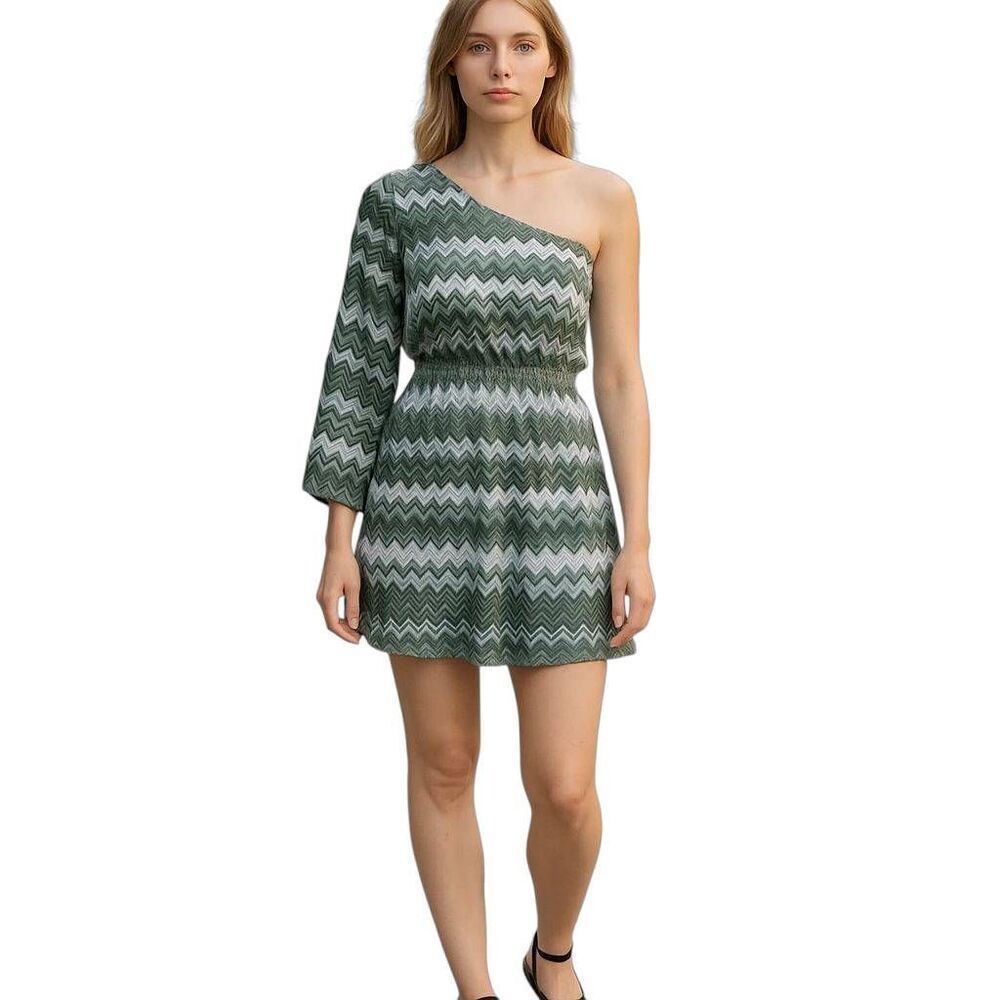 One Shoulder Green Zig Zag Striped Y2K 90s Mini Dress Size XS